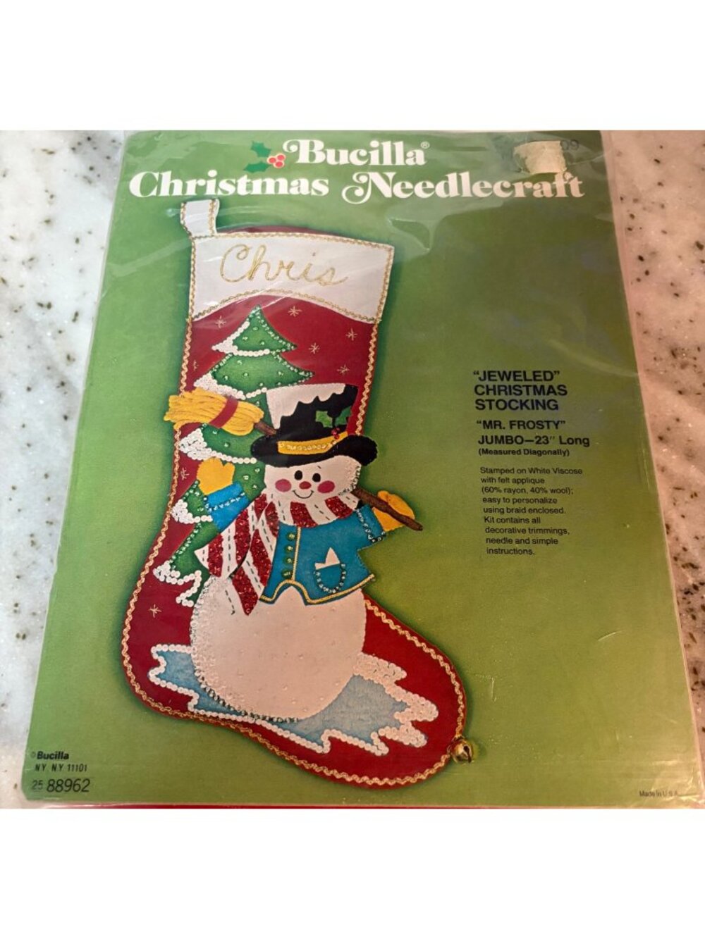 Vintage BUCILLA Christmas Needlecraft "Mr Frosty" Snowman Stocking Jumbo 23"